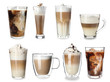Set of delicious coffee drinks on white background