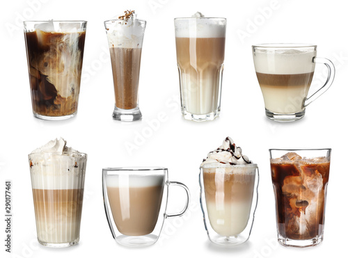 Set of delicious coffee drinks on white background Tableau sur Toile