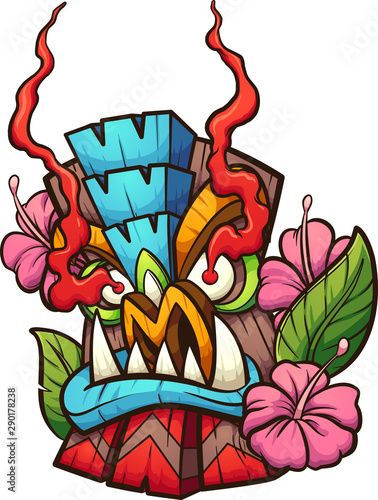 Cartoon Tiki Mask With Leaves And Flowers Clip Art Vector Illustration With Simple Gradients All In A Single Layer Buy This Stock Vector And Explore Similar Vectors At Adobe Stock