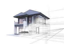 Drawing Lines Of A 3D Render House On A White Background For Building A House