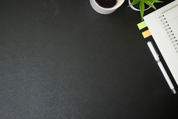 Wall Mural - Top view office stuff with notepad, laptop and coffee cup mouse notepad shot.blank screen mobile phone and supplies on white desk workspace and copy space.