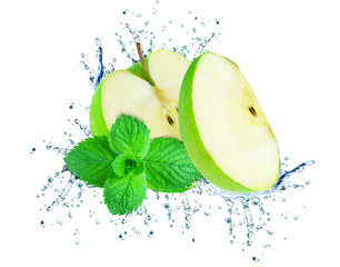 Poster - apple water splash and mint isolated on white