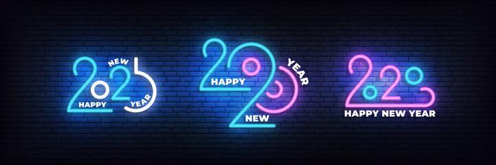 Wall Mural - 2020 Happy New Year neon set. Glowing 2020 New Year typography sign