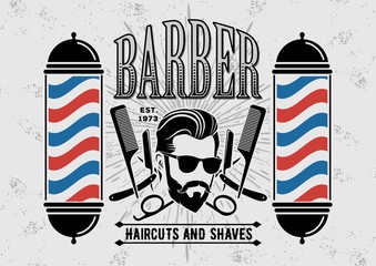 Barber shop poster, banner template with hipster face. Vector illustration