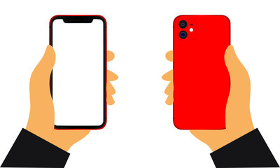 Hand holding iphone 11 smartphone, front and back on a white background. Vector illustration.