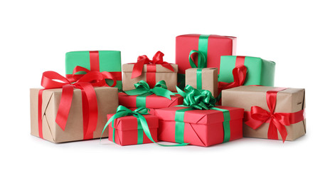 Poster - Different Christmas gift boxes on white background