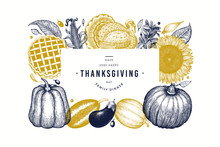 Happy Thanksgiving Day Banner. Vector Hand Drawn Illustrations. Greeting Thanksgiving Design Template In Retro Style. Autumn Background.