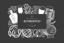 Octoberfest Banner. Vector Hand Drawn Illustrations On Chalk Board. Greeting Beer Festival Design Template In Retro Style. Autumn Background.