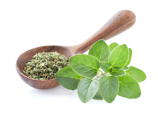 Sticker - Oregano fresh leaves with dry oregano in wooden spoon