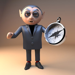 Wall Mural - Dracula vampire Halloween character in 3d holding a navigational magnetic compass 3d illustration