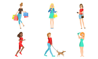 Sticker - Young Women Daily Activities Set, Girls Shopping, Doing Sports, Walking with Dog, Drying Hair Vector Illustration