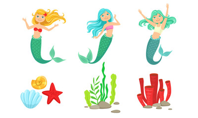 Sticker - Cute Little Mermaids and Underwater World Elements Set, Fairytale Princess, Algae, Corals, Sea Shells Vector Illustration