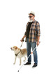 © Pixel-Shot - Blind mature man with guide dog on white background