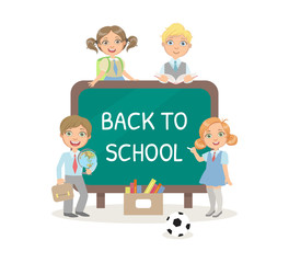 Sticker - Back to School Text Drawing by Chalk on Blackboard, Banner Template with Cute KIds in Uniform Vector Illustration