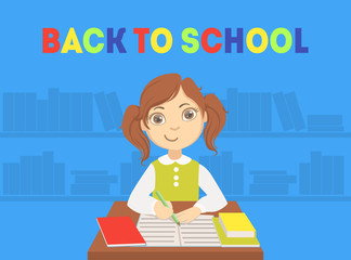 Sticker - Back to School Banner Template with Cute Girl, Elementary School Student Sitting at the Desk Vector Illustration