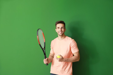 Sticker - Handsome tennis player on color background