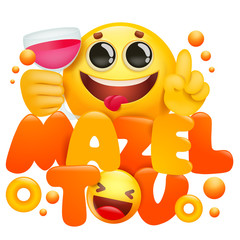 Wall Mural - Yellow emoji 3d cartoon character with cup of wine. Mazel Tov.