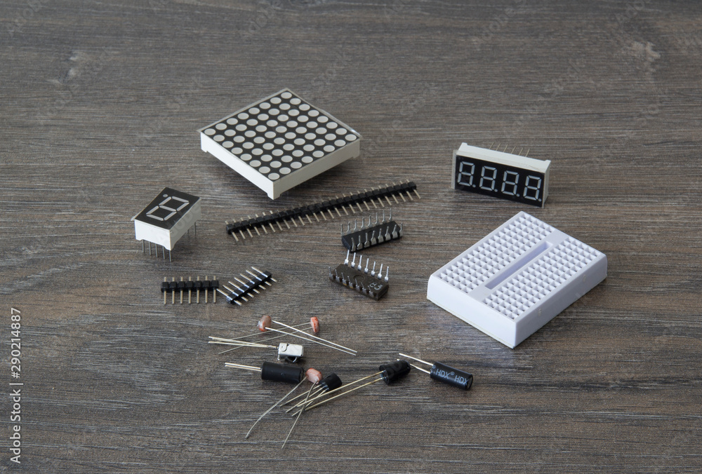 Breadboard, led panel, mounting feet and shift register with registers ...