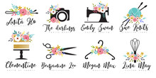 Premade Floral Logo With Sewing Machine, Photo Camera, Scissors, Cake, Crochet Yarn. Branding Set For Handmade Clothes, Instagram Boutique, Custom Bakery, Family Photographers, Hairstylist