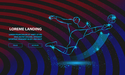 Wall Mural - Soccer striker. Football player hits the ball in flight. Vector Football Sport Background for Landing Page Template.