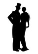 © LaInspiratriz - Elegant silhouettes of couple wearing retro style party clothes. Man in top hat and lady with long dress and fur stole, isolated on white background.