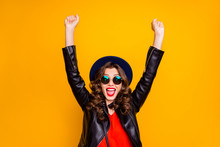Photo Of Crazy Lady Celebrating Black Friday Prices Raising Hands Up Wear Casual Trendy Outfit Isolated Yellow Background