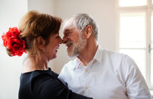 Affectionate Senior Couple Attending Dancing Class In Community Center.