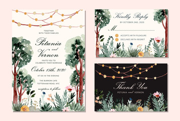 Wall Mural - wedding invitation set with tree and string light watercolor background