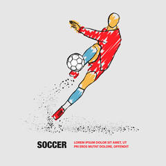 Wall Mural - Soccer player hits the ball. Front view. Vector outline of soccer player with scribble doodles.