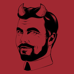 Vector hand drawn illustration of man with beard and horns isolated.