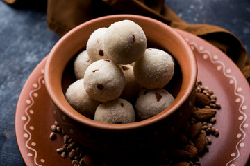 Poster - Rava Laddu or Semolina Laddoo Or Rawa Ladu, a popular sweet dish from Maharashtra, India