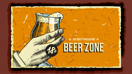 Sticker - Hand Holding Beer Glass Advertising Poster Vector. Cup With Fresh Alcohol Drink On Promotional Banner Grunge Textures Of Beer Zone Popular Pub. Creative Typography Flat Cartoon Illustration