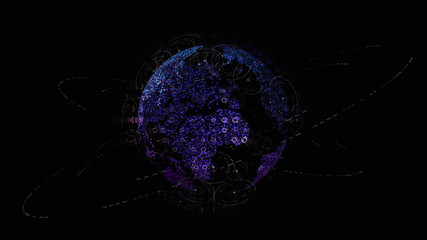 Leinwandbilder - Futuristic global communication via broadband internet connections between cities around the world with matrix particles continent map for head up display background