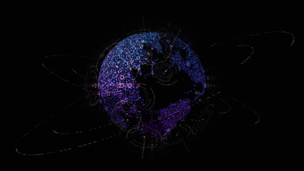 Leinwandbilder - Futuristic global communication via broadband internet connections between cities around the world with matrix particles continent map for head up display background