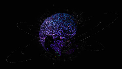 Leinwandbilder - Futuristic global communication via broadband internet connections between cities around the world with matrix particles continent map for head up display background