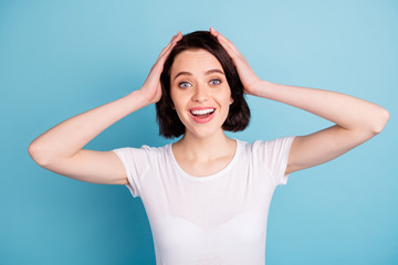 Wall Mural - Close-up portrait of her she nice attractive charming cute cheerful cheery glad girl expressing delight isolated over bright vivid shine vibrant blue turquoise color background