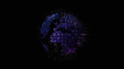 Leinwandbilder - Futuristic global communication via broadband internet connections between cities around the world with matrix particles continent map for head up display background