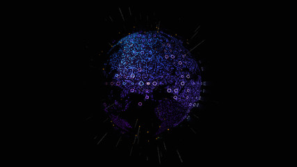 Fototapete - Futuristic global communication via broadband internet connections between cities around the world with matrix particles continent map for head up display background