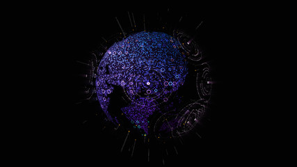 Leinwandbilder - Futuristic global communication via broadband internet connections between cities around the world with matrix particles continent map for head up display background