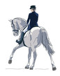 Color illustration of a dressage rider on a horse executing the half pass on gallop