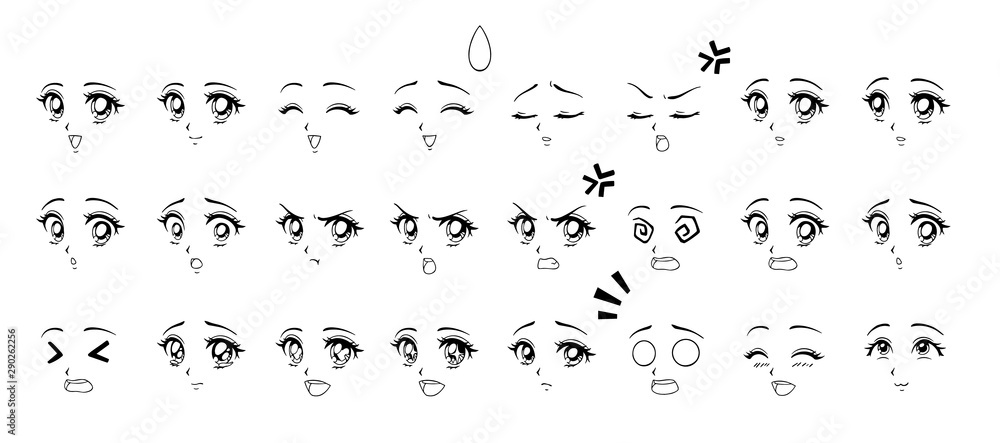 Set of cartoon anime style expressions. Different eyes, mouth, eyebrows. Contour picture for manga. Hand drawn vector illustration isolated on white background. - obrazy, fototapety, plakaty 