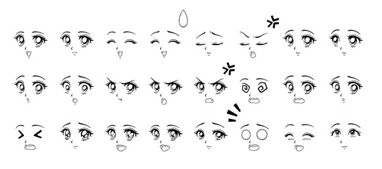 set of cartoon anime style expressions. different eyes, mouth, eyebrows. contour picture for manga. 