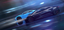 Two High Speed Sports Cars In Motion, Racing (3D Illustration)