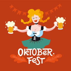 Wall Mural - Oktoberfest girl banner. Vector flat color illustration for German beer festival in Munich. Lettering with woman with beer mug, pretzel and Bavarian flag. 