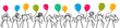Happy stick figures holding colorful balloons, banner