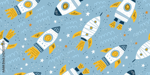 Cotton fabric Childish seamless pattern with hand drawn rockets