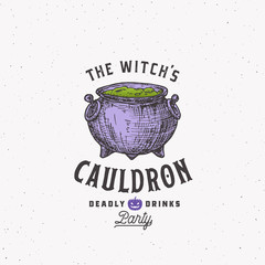 Wall Mural - vintage style halloween logo or label template. hand drawn witch cualdron sketch symbol and retro ty