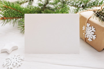 Christmas background for greeting card sheet of paper with place for text. xmas wooden background. Flat lay, top view photo mockup