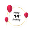 © yekaterinalim - Happy 14th birthday, vector illustration greeting golden banner card with red papercut balloons