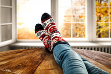 Autumn Socks And Open Fall Window Background. Free Space For Your Decoration. 